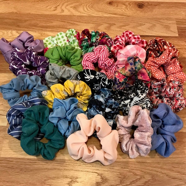 Scrappy Scrunchies, Repurposed/Upcycled/Vintage Fabric Hair Scrunchies, Ponytail Holder, Print Band, Accessories, Sustainable Fabrics