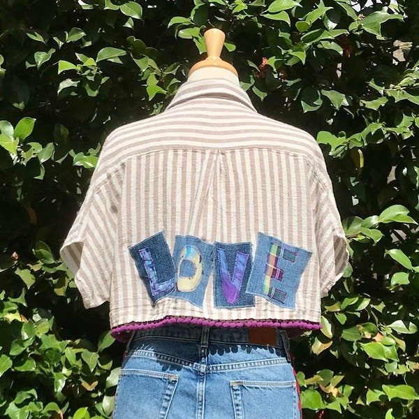 M/L Upcycled L.O.V.E. Cropped Top, Repurposed, Boho, OOAK, Tan/White Striped with Pops of Denim/Purple