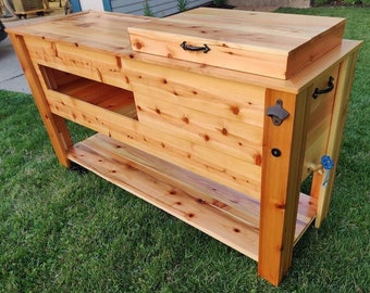 Cedar bar cart. Beautiful, hand built, rustic cedar cooler with wine rack, bar area and storage area.