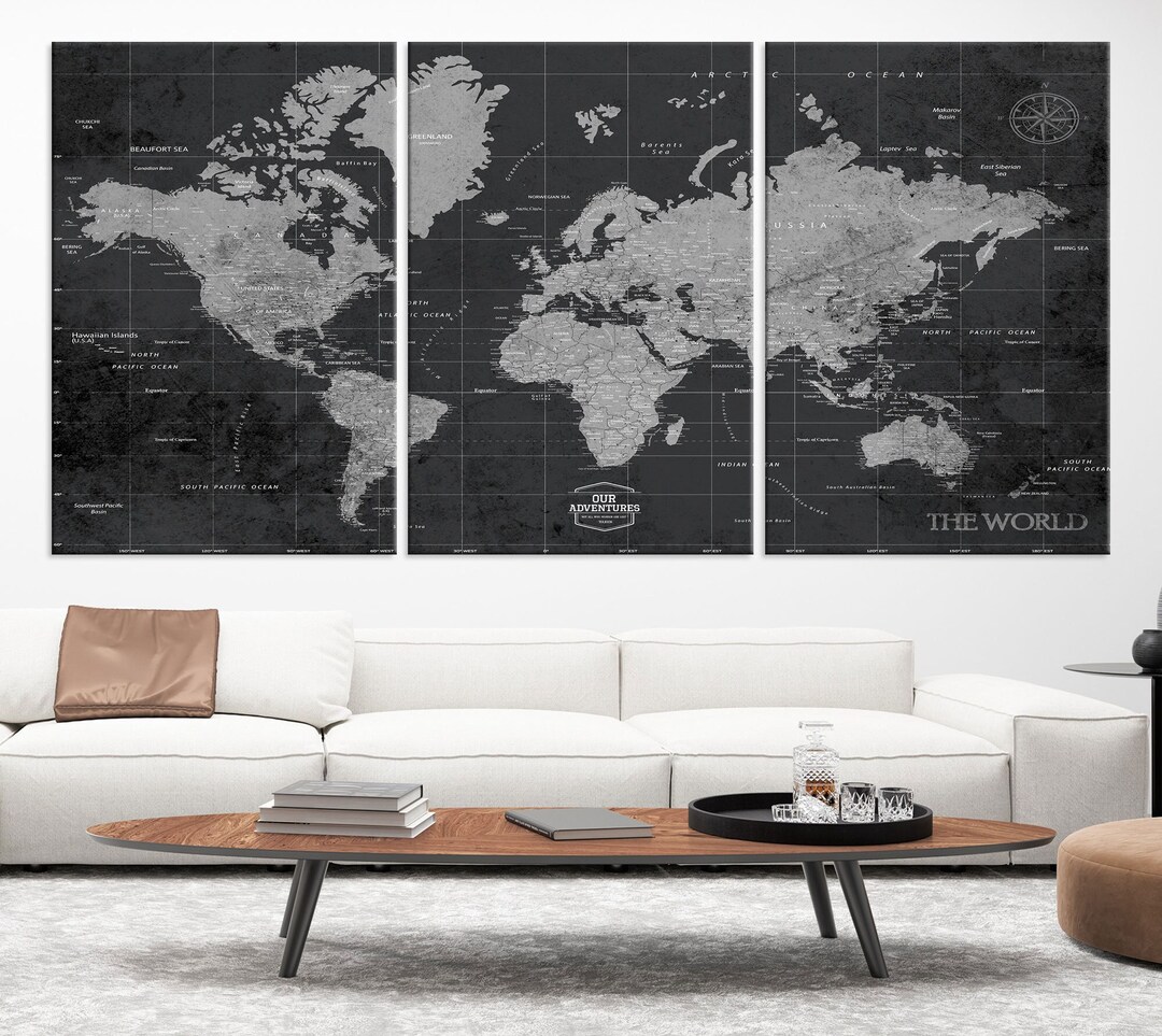 Black Push Pin Vintage World Map Large Canvas Print Wall Art for Living ...