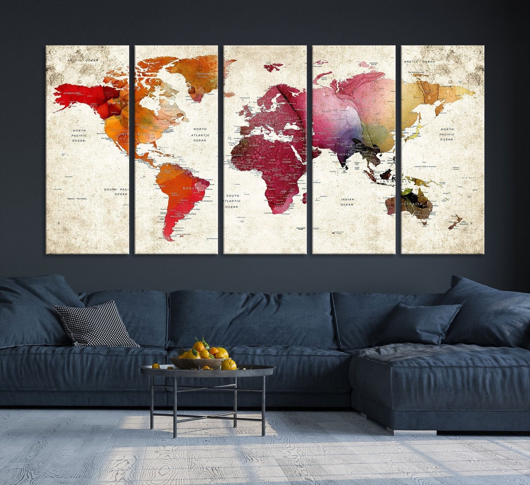 Colorful Watercolor Push Pin World Map Large Canvas Print Wall Art for ...