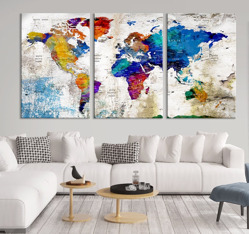 Large World Map Wall Art Vivid Color World Map Push Pin Etsy