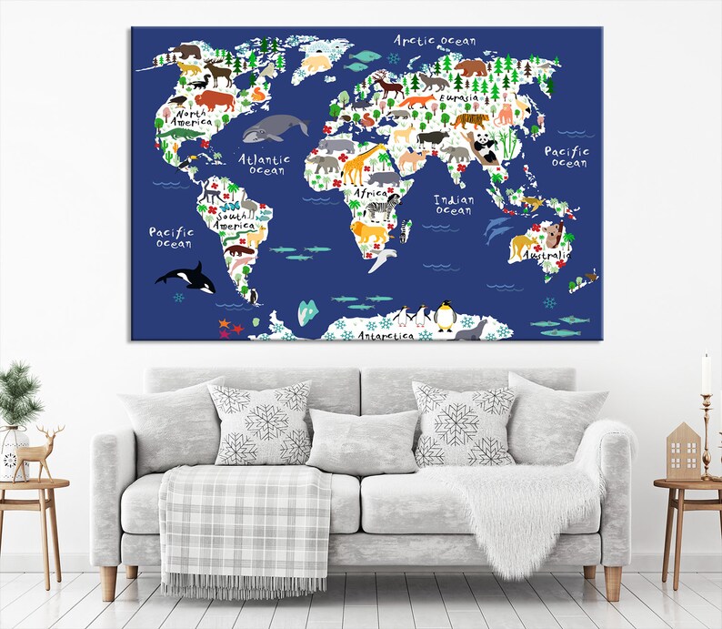 Animal World Map Kids Room Art Nursery Art Canvas Kids Room Etsy