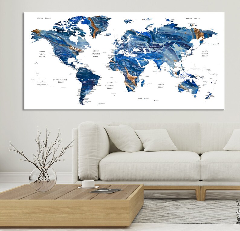 Navy Blue World Map Wall Art Print Marble Map on Canvas Etsy