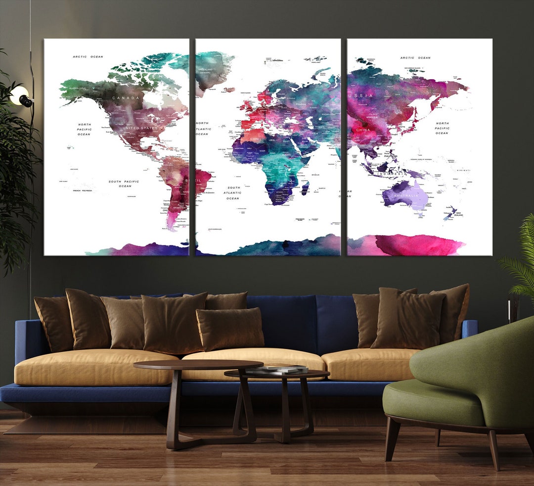 Colorful Watercolor Push Pin World Map Large Canvas Print Wall Art for ...