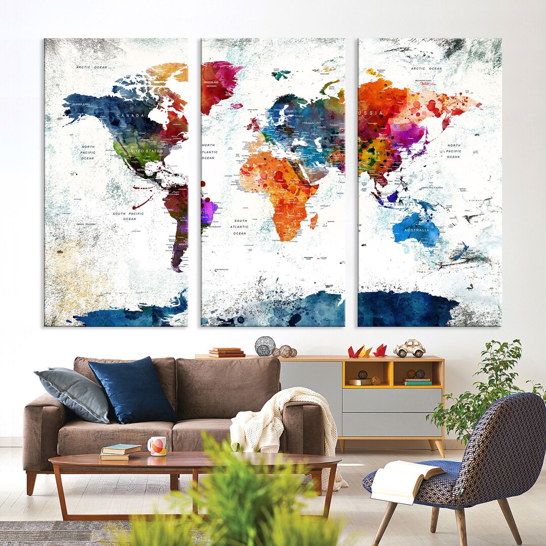 Watercolor Push Pin World Map Large Canvas Print Wall Art for Living ...
