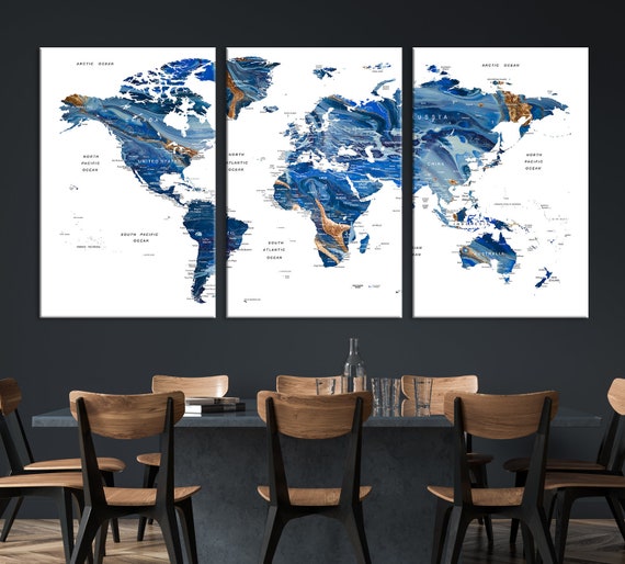 Navy Blue World Map Wall Art Print Marble Map on Canvas Etsy