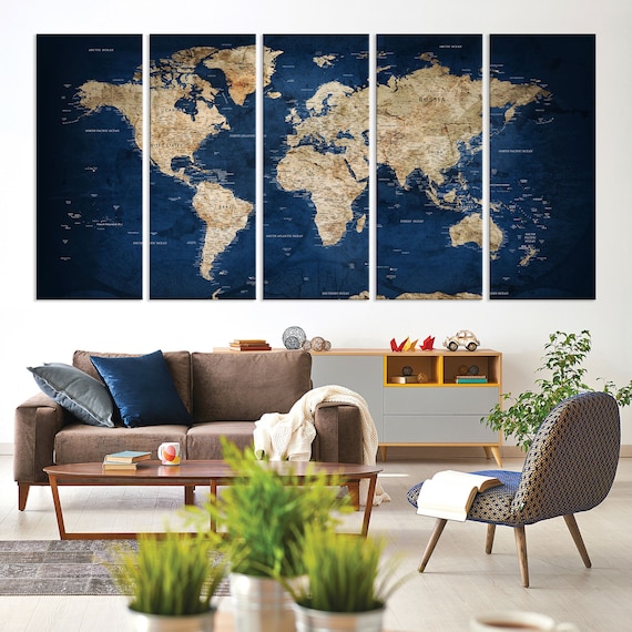 Home Décor Living Room Wall Decor Detailed World Map Canvas Cotton ...