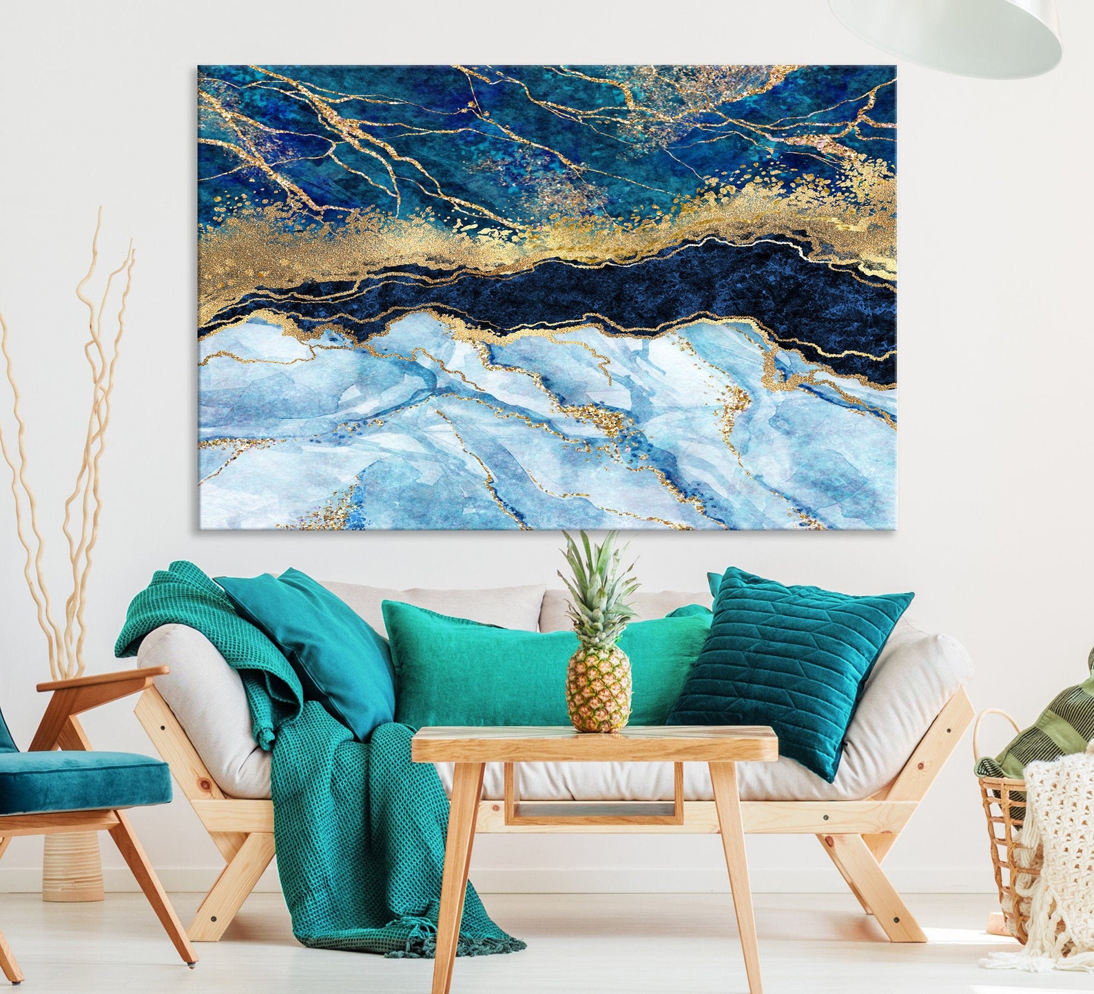 Blue Gold Marble Abstract Painting Canvas Print Modern Wall Etsy