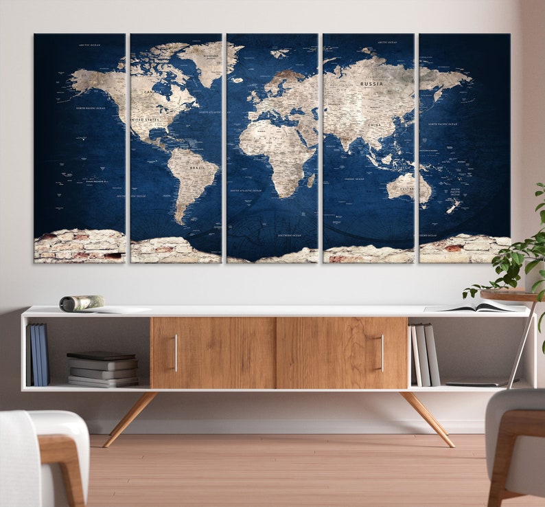 Navy Blue World Map Wall Art Canvas Print Multi Panel Artwork Etsy