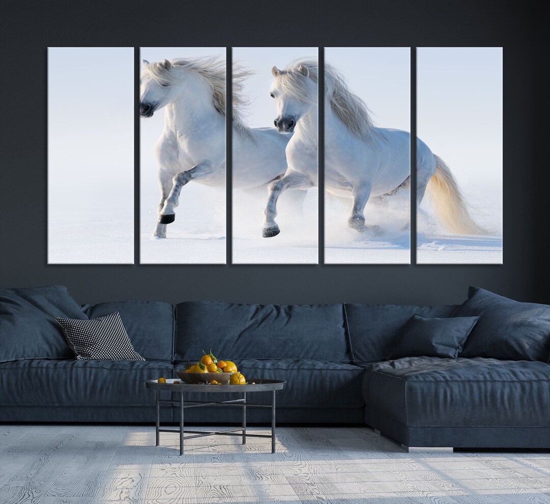White Horses Running in Snow Large Wall Art Canvas Print for Farmhouse ...