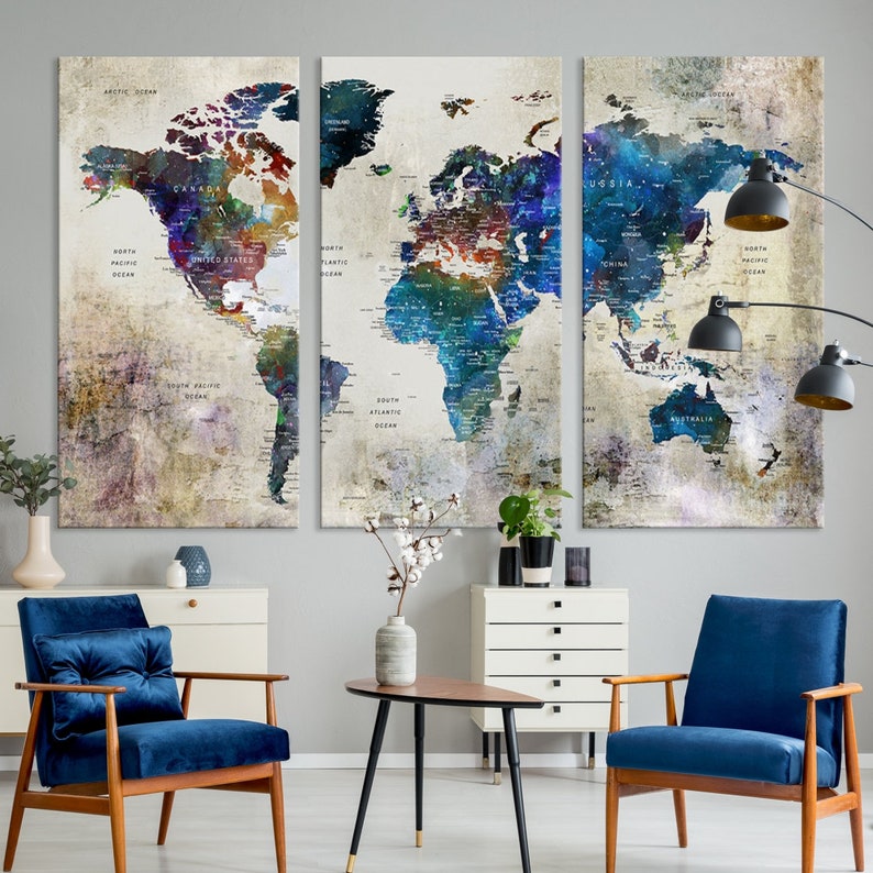 Large World Map Wall Art Canvas Print Grunge Map on Canvas Etsy