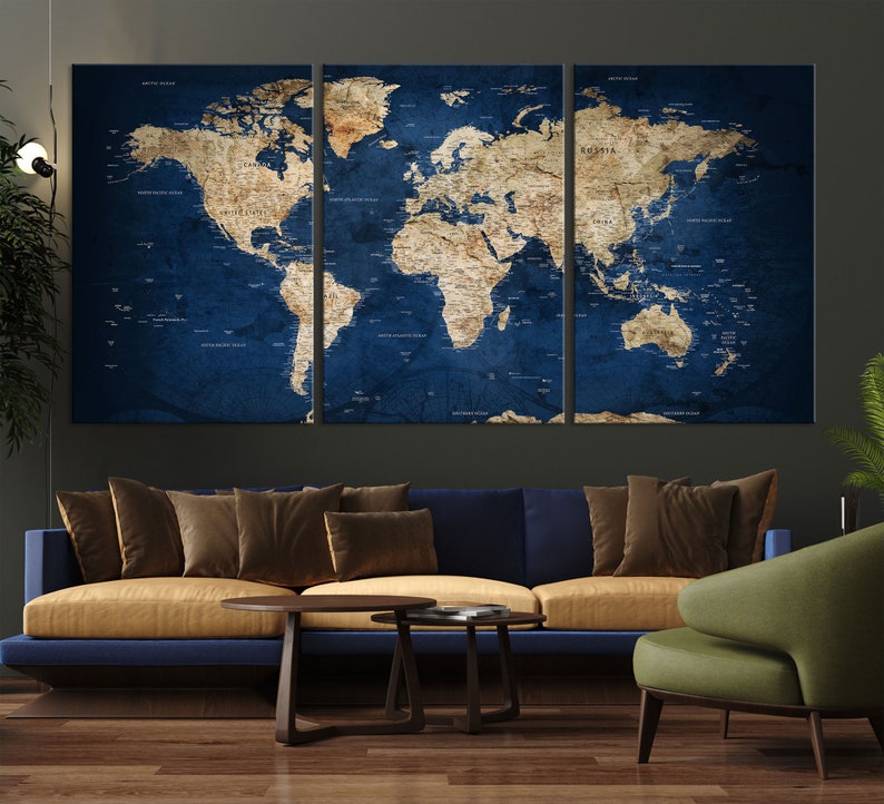 Navy Blue World Map Abstract Wall Art Canvas Print Wall Art Etsy