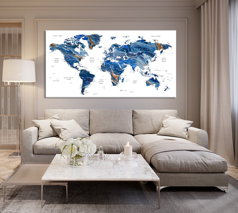 Navy Blue World Map Wall Art Print Marble Map on Canvas Etsy