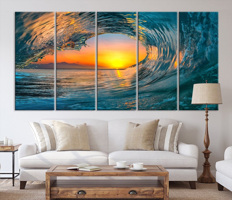 Sunset Sea Water Wall Art Ocean Wave Canvas Print Wave Sunset Etsy