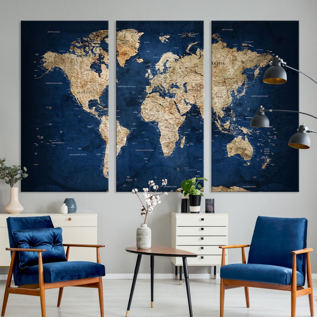 Upgrade Your Wall Gallery with World Map Canvas Large Dark Bluish
