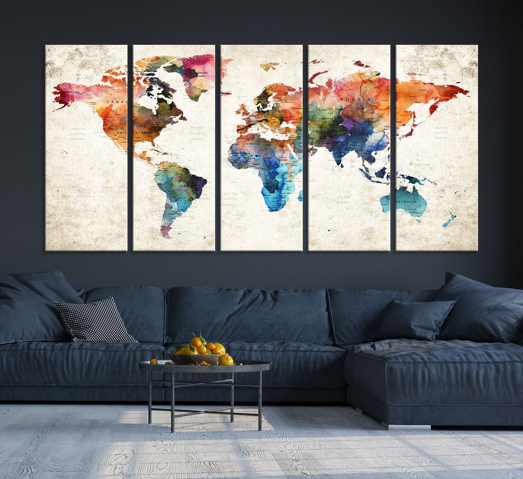 Colorful Watercolor Push Pin World Map Large Canvas Print Wall Art for ...