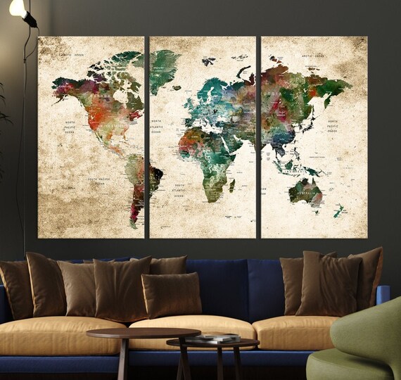Prints Extra Large 5 Panel Watercolor World Map Canvas Wall Art Push ...