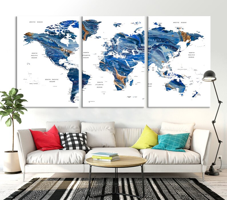 Navy Blue World Map Wall Art Print Marble Map on Canvas Etsy