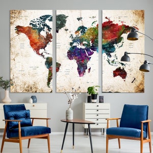 Colorful Watercolor Push Pin World Map Large Canvas Print Wall - Etsy