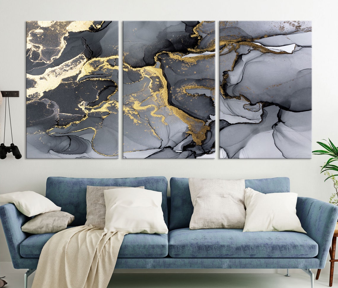 Gray Gold Abstract Wall Art Canvas Print Multi Panel Huge Etsy