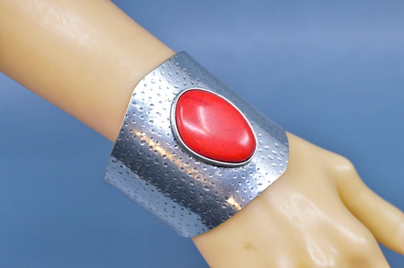 Silver and red tone, chunky, cuff bracelet - image 4