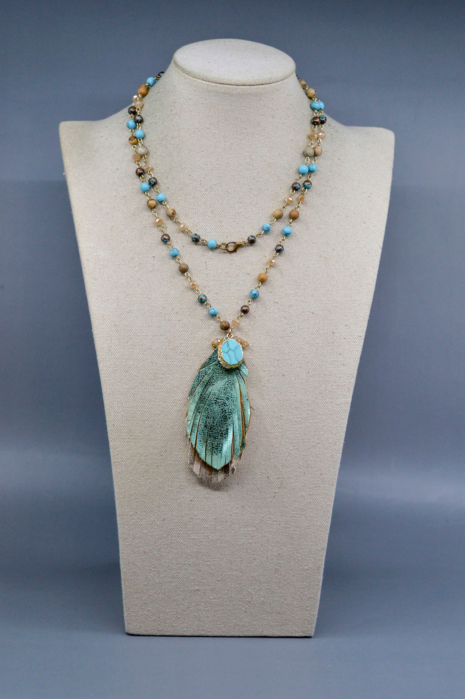 Long Blue & Neutral Tone Bead Necklace with Large Crystal Rhinestone Pendant main image 0