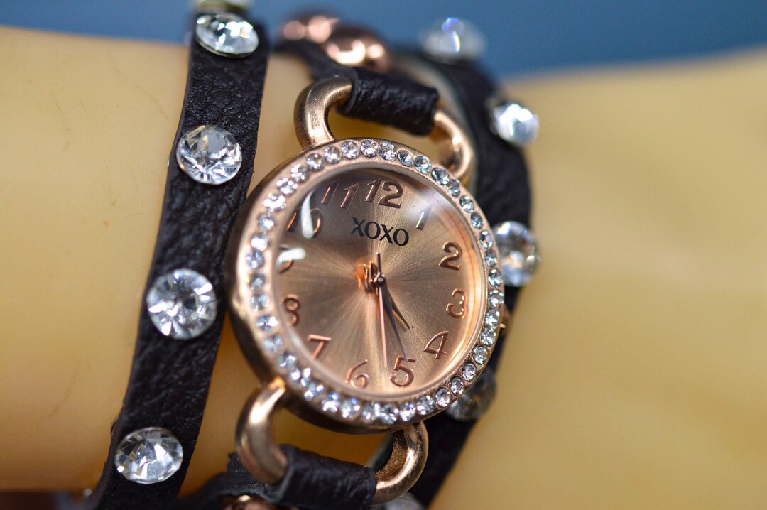 Black and Rose Gold Tone With Crystals, Womens Wrist Watch  display picture 2