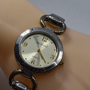 Silver tone with gold dial, womens wrist watch, two tone watch, bracelet watch, womens quartz watch