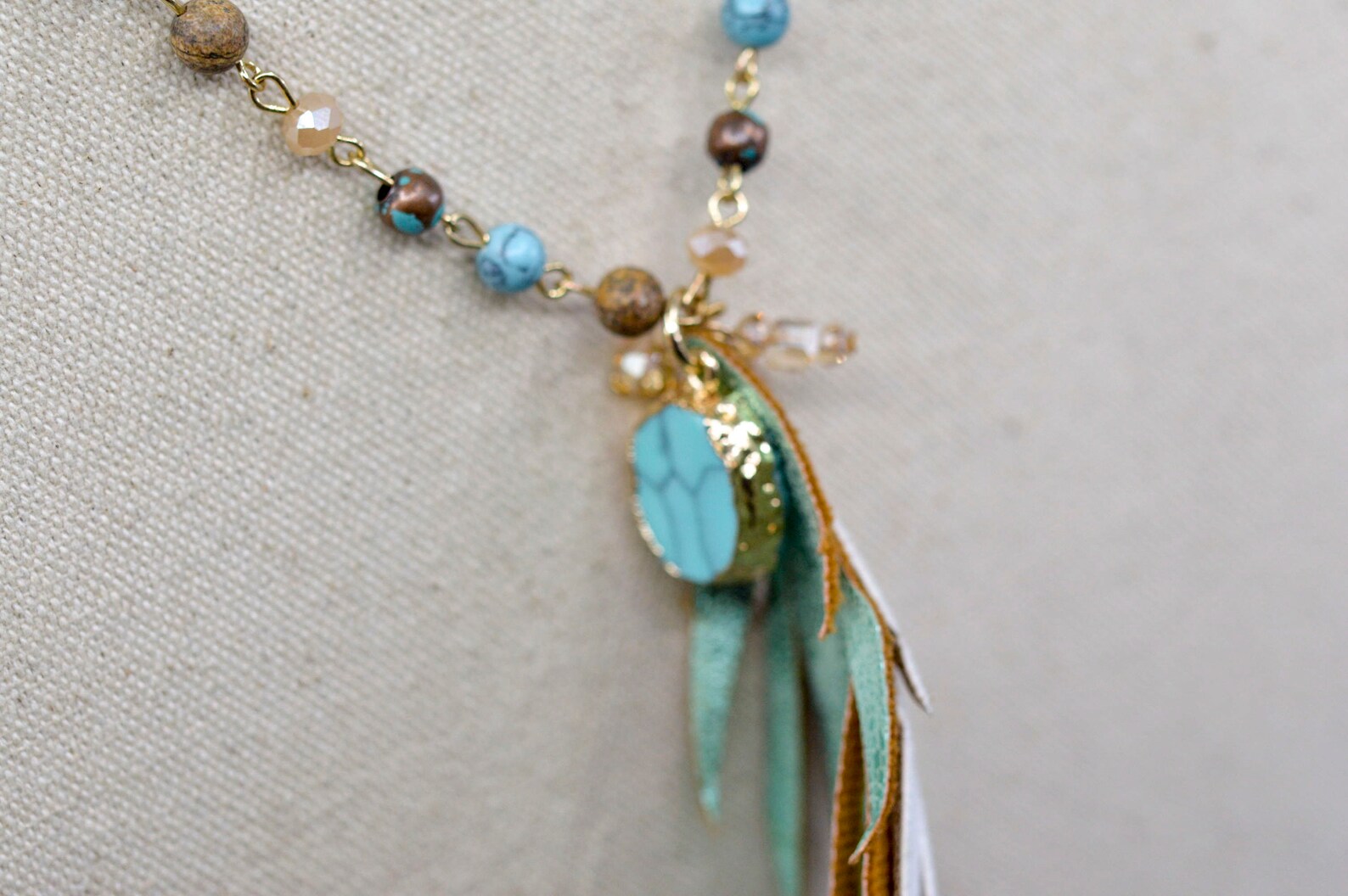 Long Blue & Neutral Tone Bead Necklace with Large Crystal Rhinestone Pendant main image 1