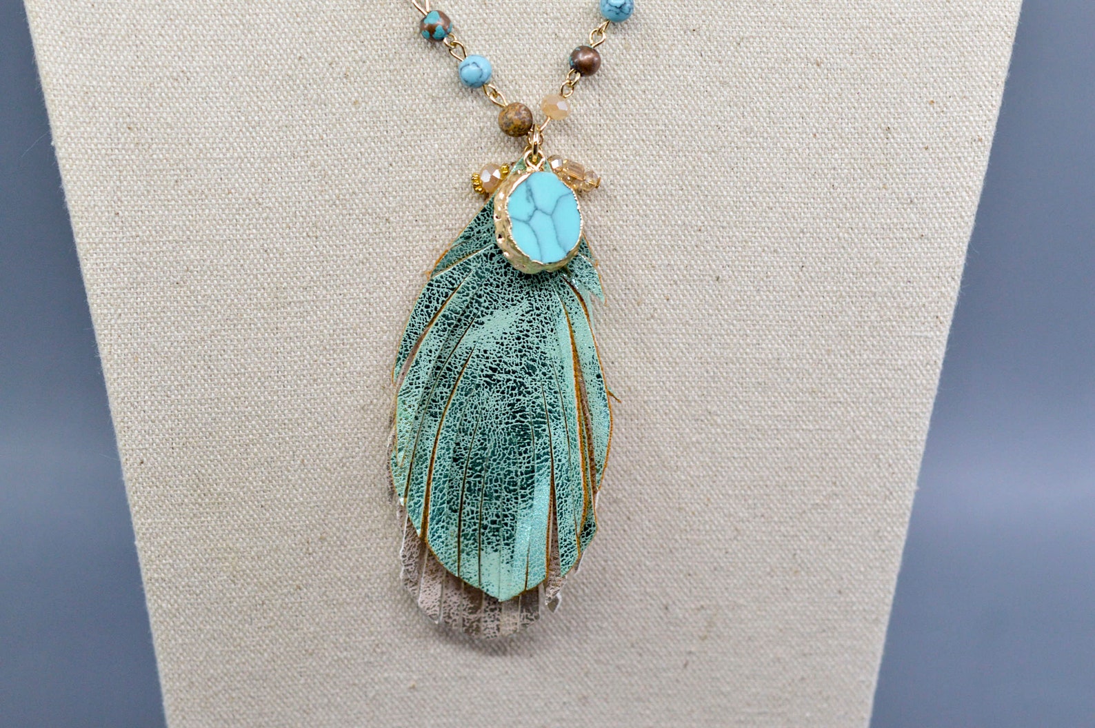 Long Blue & Neutral Tone Bead Necklace with Large Crystal Rhinestone Pendant