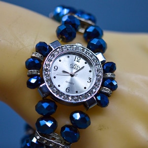 Silber und Blauton, Damen, Perlen, Stretch Armband Damenuhr