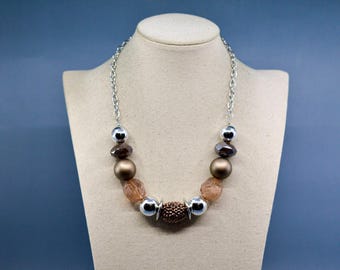 Brown and silver tone, women's beaded necklace