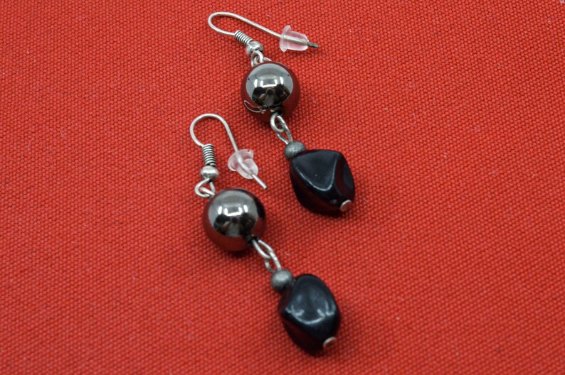 Silver tone with black beads womens earrings