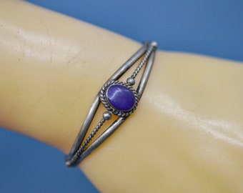 Silver bracelt, marked Sterling, purple stone bead, womens, cuff bracelet