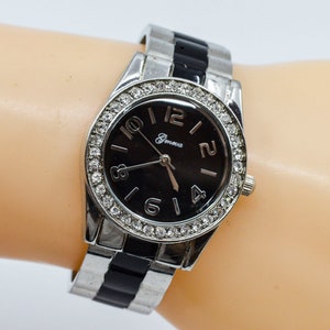 Silver and black tone womens fashion cuff watch