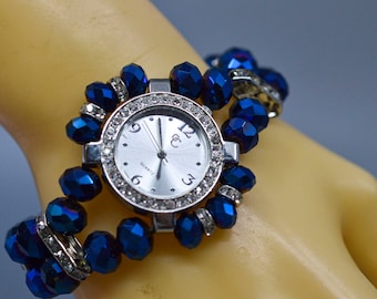 Blue and silver tone with crystals, womens, fashion watch