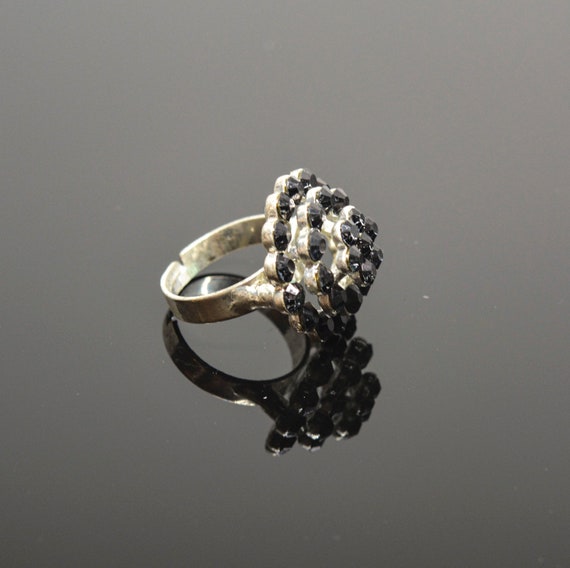 silver tone with black color crystals womens ring… - image 3