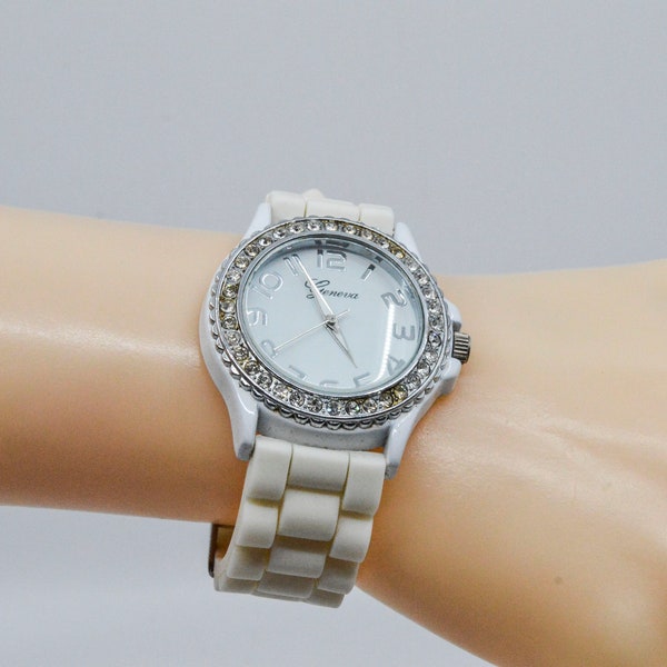 White tone with crystals womens fashion watch