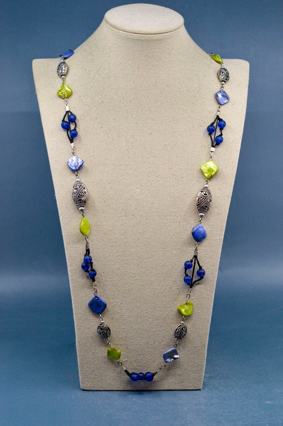 Silver, blue and green tone, beads, womens long n… - image 2
