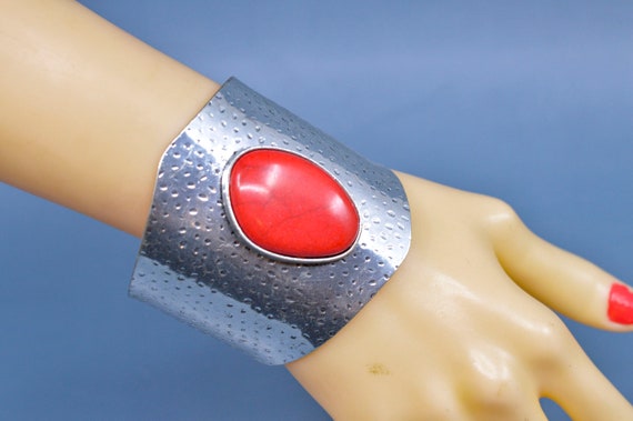 Silver and red tone, chunky, cuff bracelet - image 1