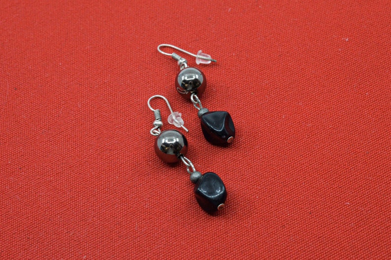 Silver tone with black beads womens earrings
