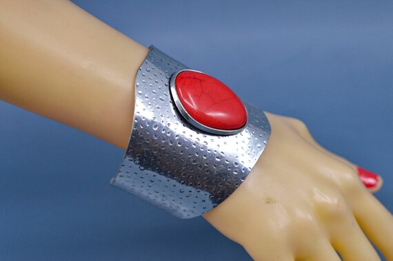 Silver and red tone, chunky, cuff bracelet - image 2