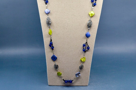 Silver, blue and green tone, beads, womens long n… - image 1