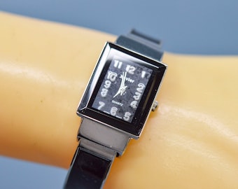 Engraved Silver-Tone Cuff Watch Bracelet with Black Dial Geneva Silvertone Cuff Watch - Etsy main image 4