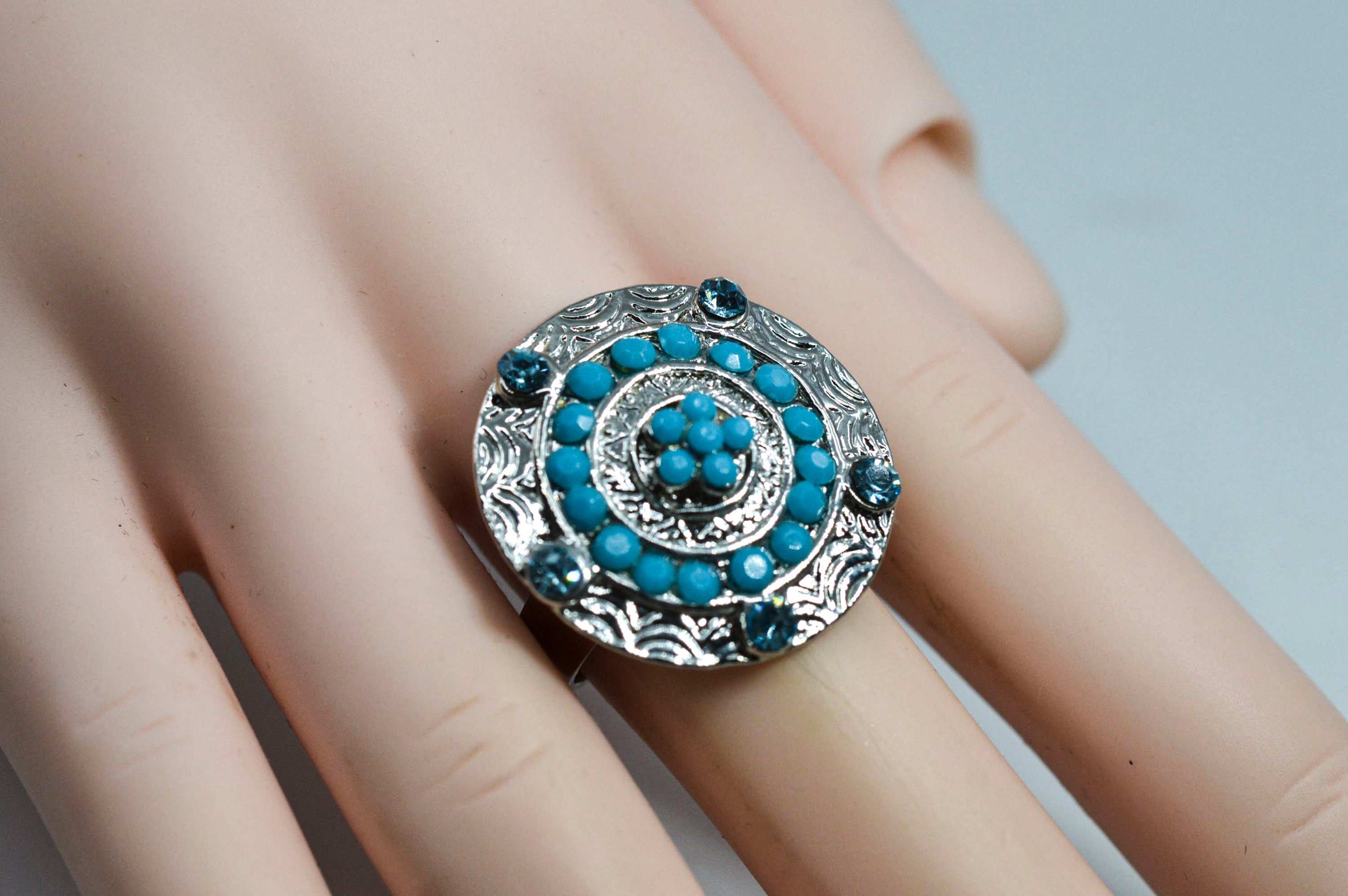 Silver Tone With Blue Beads Womens Adjustable Ring,size 8 1/4 - Etsy