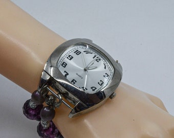Chunly silver tone with purple beaded bracelet womens watch
