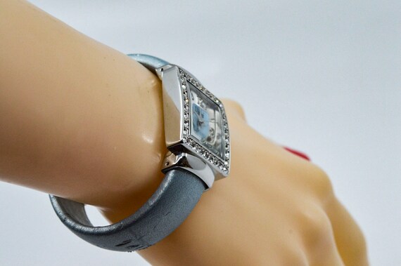 Silver tone with blue bracelet womens cuff watch - image 2