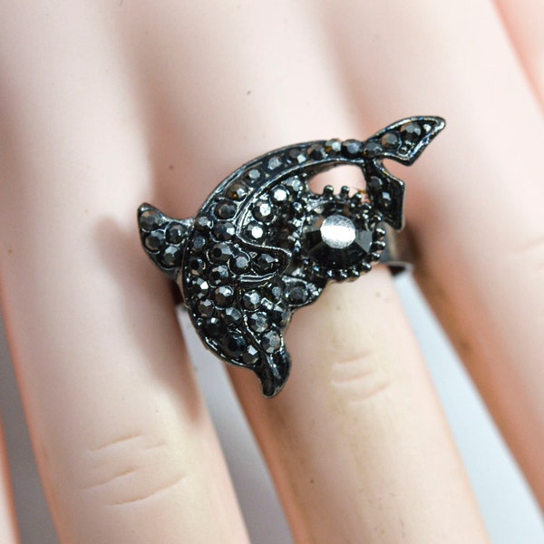 Black tone womens dolphin adjustable ring,size 8