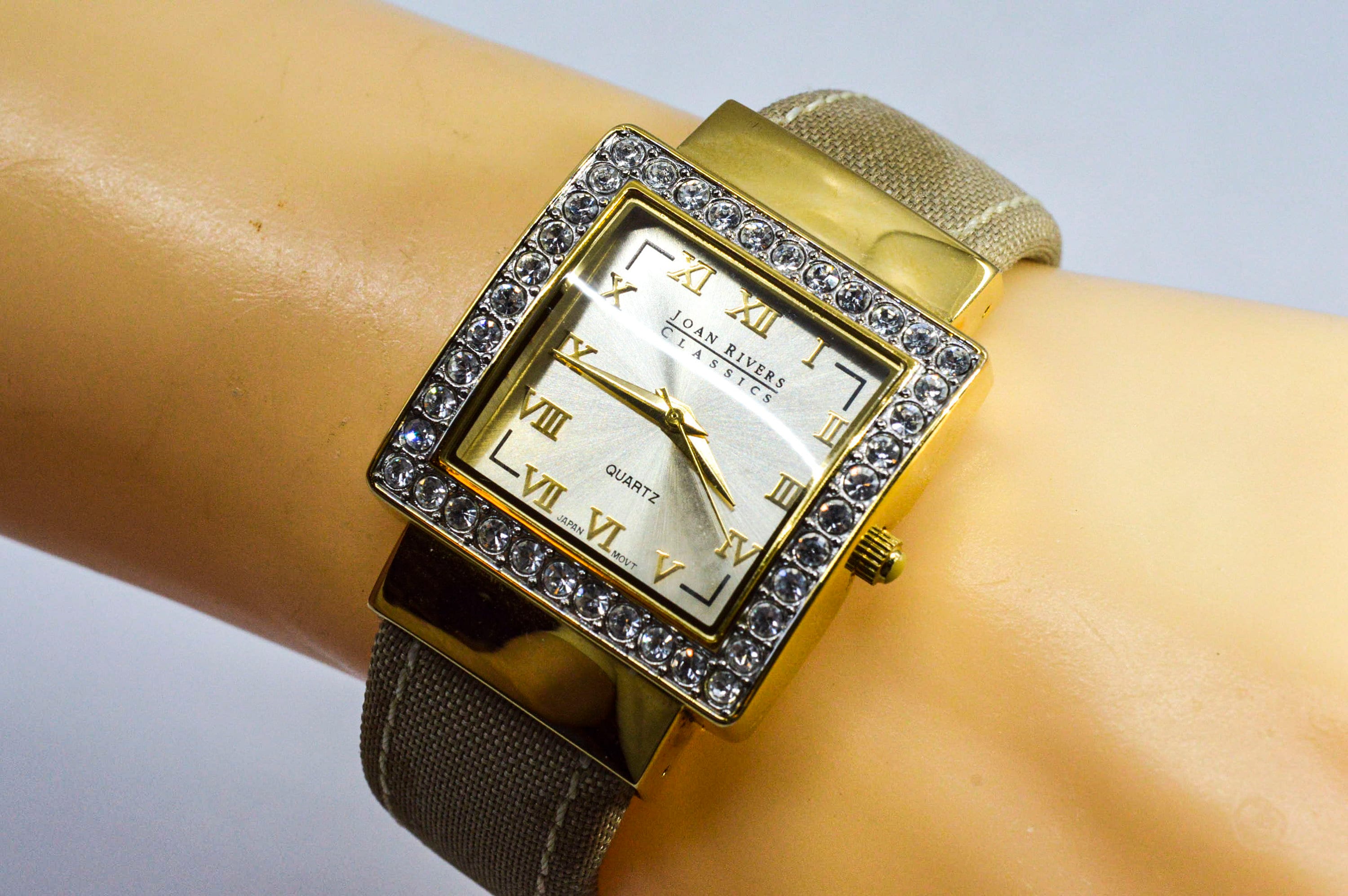 Joan Rivers Gold Quilted Square Dial Bracelet Watch 28mm New Battery Joan Rivers Gold Quilted Square Stretch Band & 4 Rows of  main image 2